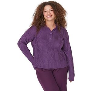 Trendyol Pull en tricot à col polo double boutonnage pour femme, violet, 3XL