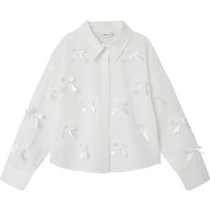 NAME IT Nkfolara Ls Short Loose Shirt Blouse met lange mouwen voor meisjes (1 stuk), Glanzend wit. Details: strik