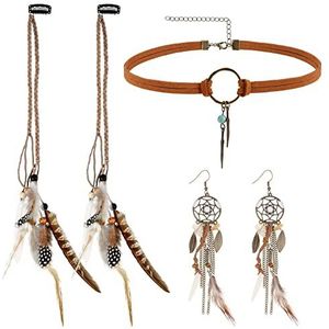 MWOOT Bohemios Retro sieradenset met 2 stuks haarclips, veer, 1 stuk, halsketting van bruin leer, 1 paar oorbellen, dromenvanger, hanger, inheemse sieraden voor vrouwen