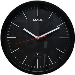 Maul Maujump Stijlvolle radiografische wandklok met mineraalglas, diameter 30,5 cm, automatische tijdinstelling, ideaal voor kantoor, thuis en op het werk, met batterij, zwart