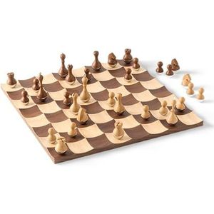 Umbra Wobble Schaakspel met ingebouwde speelborden van hoogwaardig esdoornhout en walnoothout, 38 x 38 x 11 cm, 2 spelers