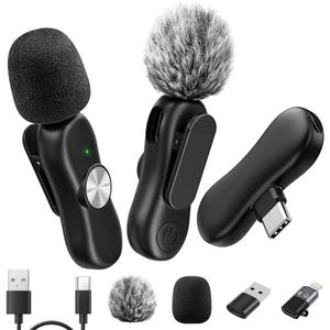 GlasFlength Verbeterde draadloze 3-in-1 microfoon voor iOS Android camera, draadloze ruisonderdrukking, plug and play, microfoon voor vlog video-opname