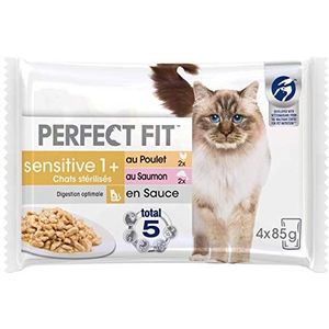 Perfect Fit Sensitive 1+ verszak voor volwassen katten, gesteriliseerd – voldoet aan de specifieke behoeften van een gesteriliseerde kat, rijk aan kip en zalm, 52 zakjes van 85 g