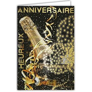 Afie 69-7086 wenskaart, verjaardag, fles, champagne, wit, petillant, emmer, vuurwerk, sterren, goudkleurig, gemaakt in Frankrijk