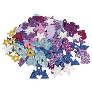 Rayher 3023000 Schuimrubber sprookjesmix glitter, 3-4 cm, 80 stuks, zelfklevend, kleuren/motieven gemengd, glitter schuimstickers, schuimrubberen stickers, om te decoreren, kleurrijk