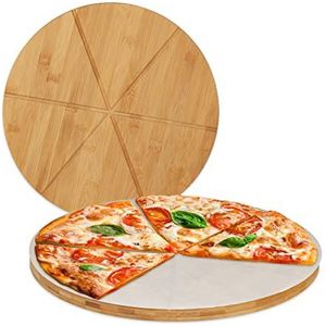 Relaxdays Ronde pizzabord van bamboe Ø 33 cm met bakpapier, pizzaplaat met groeven, naturel, hout