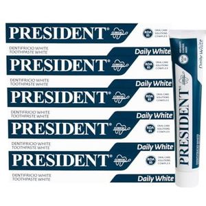President Kit 5 dentifrice blanc à action blanchissante, antiplaque, antitartre et anti-jaunissement des dents. Rafraîchissant avec arôme de menthe piémontaise RDA 85. 5 x 75 ml