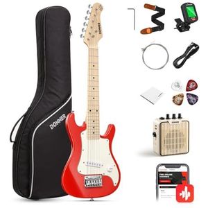 Donner DSJ-100 Elektrische gitaarset voor beginners, Junior Style ST 30 inch mini-gitaren premium bundel met versterker, stemapparaat, capodaster, tas, riem, touw, kabel (DSJ-100, rood)