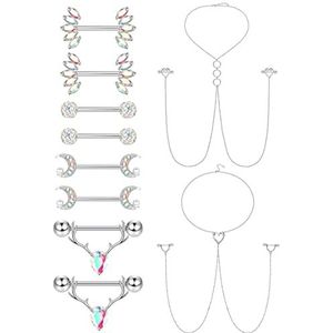 Kakonia 14G tepelpiercing met ketting voor dames in 316L roestvrij staal - schattige buitenaardse piercing / gevleugeld hertenhout / hart / vlinder, Roestvrij staal, staal