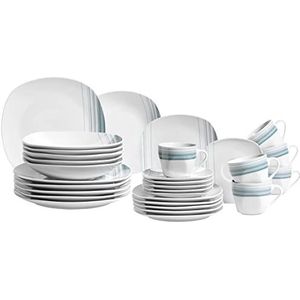 MÄSER 931211 Serie Enni 30-delig tafelservies van wit porselein met blauw motief, borden, koffiekopjes, dessertborden voor 6 personen, porselein wit/blauw