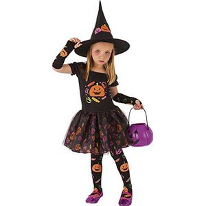 Rubies Heksenkostuum voor meisjes, heksenjurk met mouwen, panty's en hoed met pompoenmotieven, origineel, ideaal voor Halloween, carnaval en verjaardag