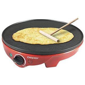 BEPER BT.700Y Elektrische pannenkoekenpan met houten spatel, 1300 W, anti-aanbaklaag, rood