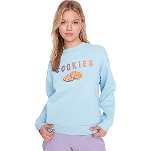 Trendyol Ronde hals met slogan regular gebreide sweatshirt dames tuinbroek hemelsblauw, XS, Hemelsblauw