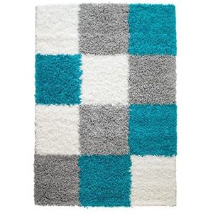 mynes Home Shaggy hoogpolig tapijt turquoise grijs wit 30 mm Karo tapijt 70x140 cm