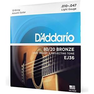D'Addario Akoestische gitaarsnaren, EJ36, bronzen snaren voor akoestische gitaar, 80/20 brons, 12 snaren licht 10-47