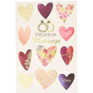 Afie 69-7074 Wenskaart voor bruiloft, felicitaties, verguld, liefde, harten, rozen, trouwring, verlovingsring, gemaakt in Frankrijk