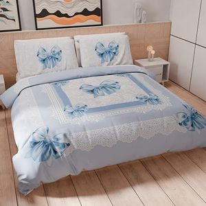 PETTI Artigiani Italiani - Dekbedovertrek voor twijfelaar, 200 x 200 cm, microvezel beddengoed met digitale print + 1 kussensloop 50 x 80 cm - Made in Italy - Lichtblauwe strik