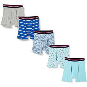 Amazon Essentials Set van 5 boxershorts zonder etiket voor heren - blauw / krabben / grijs gemêleerd / lichtblauw / haaien - S