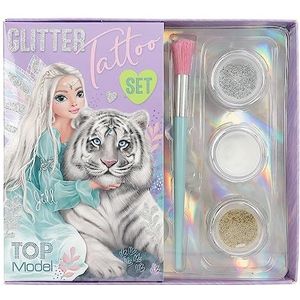 Depesche TOPModel Fantasy Tiger 12518 Glitter tatoeageset voor kinderen met 30 zelfklevende tatoeages, 1 penseel en 3 glitterpoeder in zilver, wit en goud