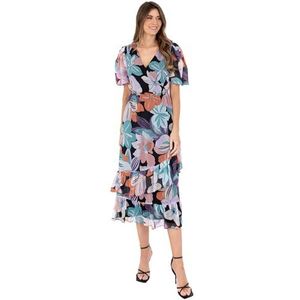 Lovedrobe Midaxi damesjurk, V-hals, korte mouwen, faux wrap, ruches, bloemenprint, elastisch, taille, A-lijn, casual jurk voor dames, Multi Bloemen