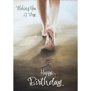 Verjaardagskaart voor dames, volwassenen of meisjes, motief voeten op het strand
