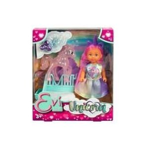 Evi Love Unicorn speelpop met schattige eenhoornjurk met bijpassende hoofdband, eenhoorn met stal, appels en drinkfles, 12 cm, vanaf 3 jaar