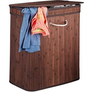 Relaxdays Rechthoekige wasmand van bamboe, 2 vakken, met klapdeksel, ruimtebesparend, 95 l, bruin, 63 x 55 x 35 cm