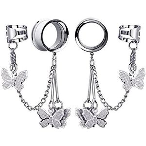 LYLLYL Lot de 2 bouchons d'oreille en acier inoxydable pour femme - Boucles d'oreilles en forme de croix + plug + pendentif à tige - Bijoux de piercing pour lobe d'oreille étiré, 14mm, Acier