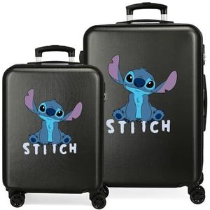 Joumma Disney Stitch, Cute, harde ABS-koffers met zijcijfersluiting, 91 l, 6 kg, 4 dubbele wielen, handbagage, zwart, 55/65 cm, zwart, kofferset, zwart., kofferset