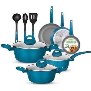 Nutrichef 12-delige pannenset met antiaanbaklaag, zonder PTFE/PFOA/PFOS - Hittebestendige lak - Set potten en pannen - Lichtgrijs/groen - Steelpan, Pan