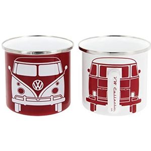 BRISA VW Collection - Volkswagen Combi Bus T1 Camper Van Set 2 koffiekopjes met emaille coating, theekopjes, bekers voor de keuken, campingaccessoires (rood/wit)