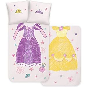 Disney Home Princess Omkeerbaar kinderbeddengoed met dekbedovertrek 135 x 200 cm en kussensloop 80 x 80 cm, 100% katoen renforcé met ritssluiting, Prinses Belle en Rapunzel