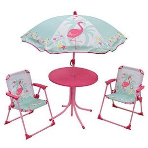 FUN HOUSE 713088 Flamingo tuinmeubelset met 1 tafel, 2 klapstoelen en 1 parasol voor kinderen, roze