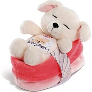 NICI - Pluche dier Sleeping Puppies hond 12 cm, crème, in een mand rood en roze, 48110, beige