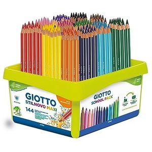 Giotto Stilnovo Maxi, Crayons de couleur épais, Schoolpack fabriqué à partir de 50% de matière régénérée, Mine de 4,3 mm, Couleurs assorties, 144 pièces