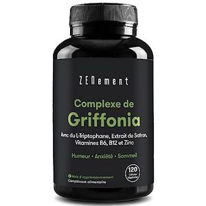 Griffonia-complex, met L-triptopaan, saffraan-extract, vitamine B6, B12 en zink, 120 capsules, emotioneel evenwicht, veganistisch, zonder additieven, zonder GGO's Zenement