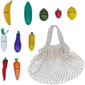 Teamson Kids Groenten en fruit met houten boodschappennet voor kinderen met kras om te snijden, imitatiespellen TK-W00015