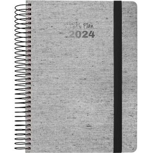 Grafoplás Agenda annuel 2024 | Ecojeans Noir | 15 x 21 cm | Espagnol | Jour Page | Avec spirale | Couvercle Dur doublé Denim Recyclé | Fermeture élastique | Parfait pour planifier votre