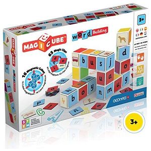 Geomag MagiCube 084 Word Building – magnetische handleiding en educatieve spellen, 16 magnetische dobbelstenen + 63 clips, meerkleurig