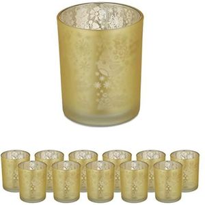 Relaxdays theelichtglazen set van 12 - theelichthouders - floraal patroon - glas - goud