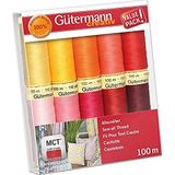 Gutermann Creativ naaigaren: set van 10 spoelen van 100 m, 100% polyester, hand- en machinaal naaien, universeel, geel, roze en rood