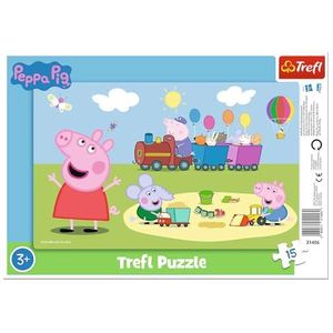 Trefl - Peppa Pig, Jolly Train – framepuzzels voor peuters, 15 grote stukjes, frame en stevig bord, met de figuren van Peppa Pig, voor kinderen vanaf 3 jaar