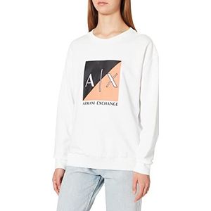 Armani Exchange Dames crewneck, dropped shoulder, macro tweekleurig print en geborduurd logo, onderkant in nylon. Sweatshirt, Wit