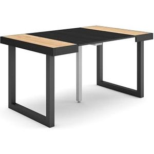 Skraut Home Uittrekbare consoletafel, klaptafel, 140, voor 6 personen, poten van massief hout, moderne stijl, eiken en zwart
