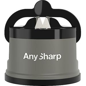 AnySharp Messenslijper, handenvrij, PowerGrip-zuignap, slijpt veilig alle keukenmessen, ideaal voor gehard en gekarteld staal | De beste ter wereld | Grijs