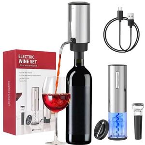 Todeco Elektrische wijnkurkentrekker, 4-in-1 elektrische flesopener set met USB oplaadbare kurkentrekker, automatische schenker, haarsnijder en vacuümwijnstopper, geschenkdoos