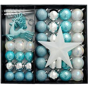 WeRChristmas Kerstballen, onbreekbaar, kunststof, zilverkleurig, blauw, wit, 50 stuks