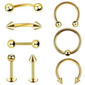 Set van 8 piercings van chirurgisch staal, 16 g, chirurgisch zilver, rechte vorm, hoefijzer, tong, tepel, wenkbrauw, oorbellen, kraakbeen, mond, sieraden voor dames en heren, Roestvrij staal, Geen