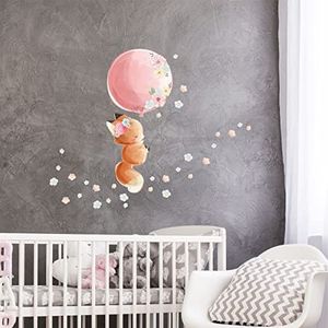 Muurstickers kinderen decoratie babykamer muursticker kinderkamer muursticker vos en ballon + 60 bloemen H 30 x B 35 cm