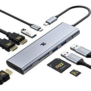 USB C-hub, USB C-adapter, Tiergrade 9-in-1 drievoudige type C-adapter met 2 HDMI 4K, Displayport, PD 3.0, USB 3.0 en TF/SD-kaartlezer voor MacBook en type C-laptops